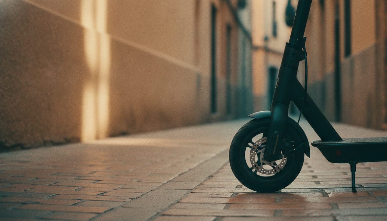 Patinete eléctrico negro aparcado en una calle soleada de Madrid, primer plano de la rueda delantera y el disco de freno