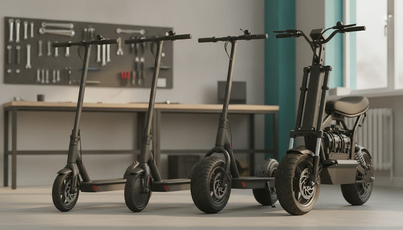 Cuatro patinetes eléctricos alineados en el taller, del modelo urbano al de altas prestaciones