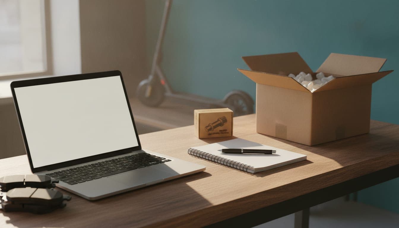The workshop counter: computer, notebook, brake pads and a parcel ready to go