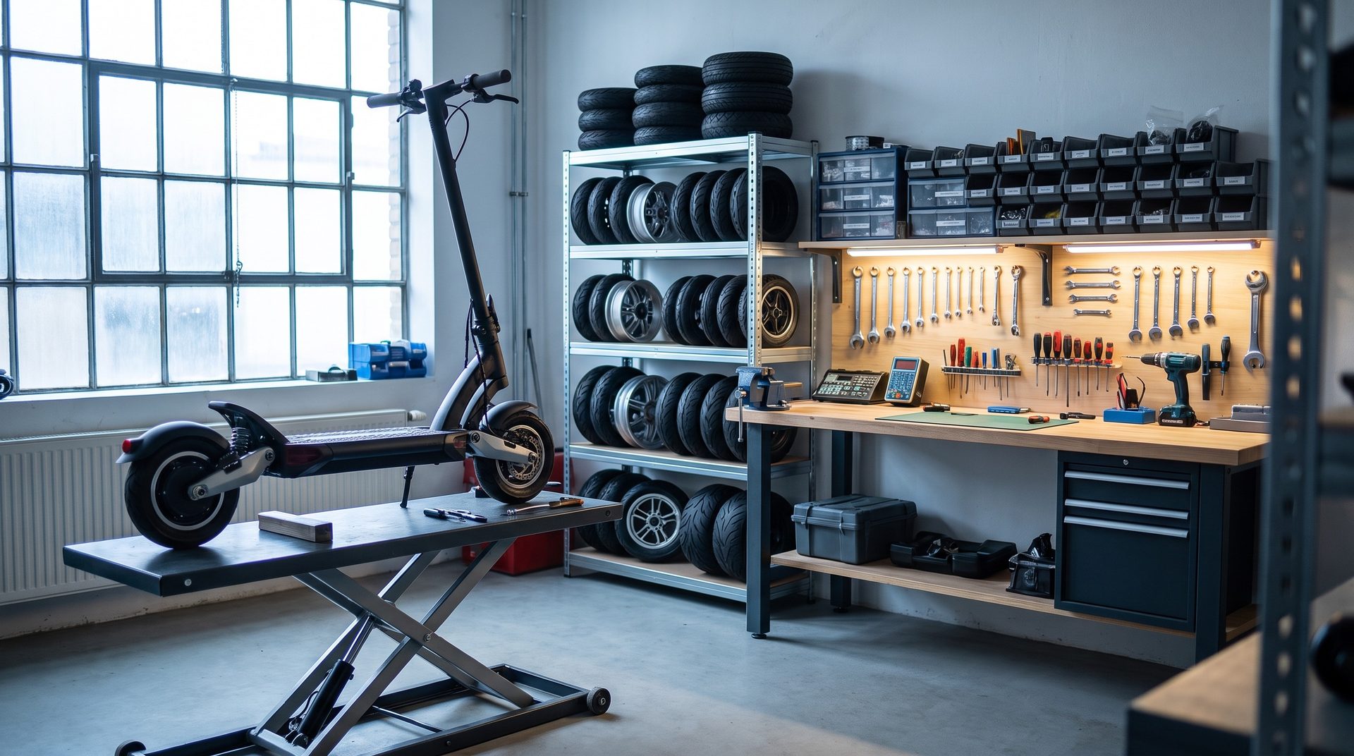 L'atelier de HELP MY TROTT : trottinette sur table élévatrice, rayonnage de roues et établi outillé