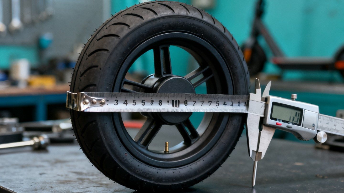 Roue de trottinette mesurée au réglet et au pied à coulisse sur l'établi
